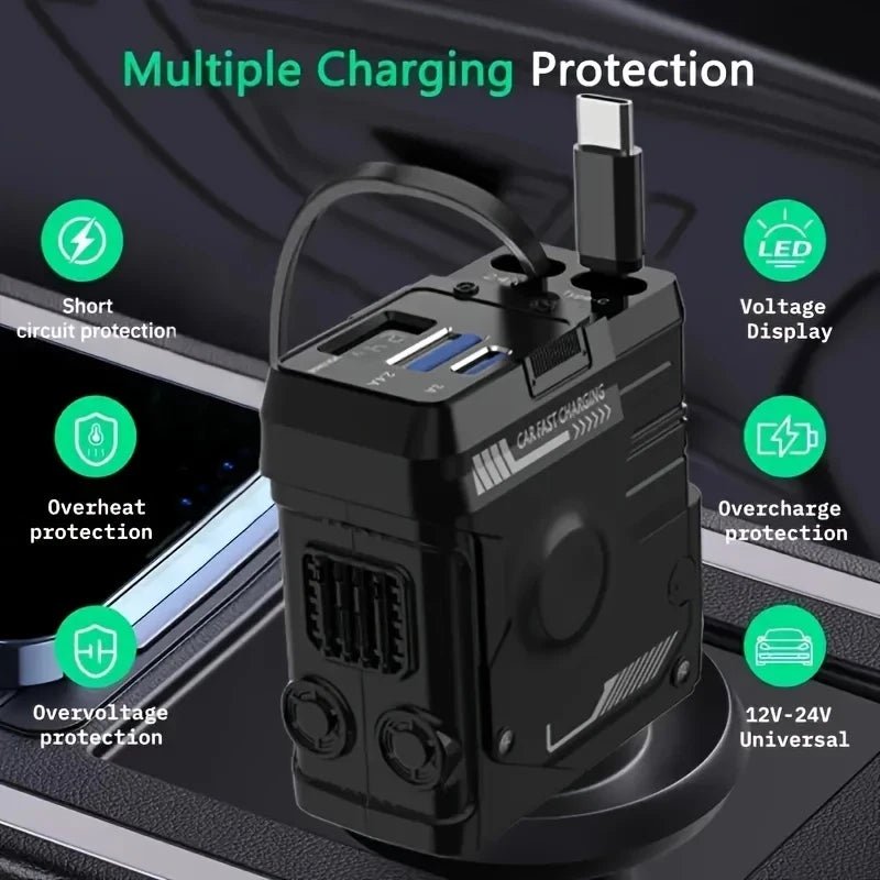 120W Retractable 4 - in - 1 Car Charger with USB - C, iPhone Cables & Voltage Display – AU Adapter - Office Catch