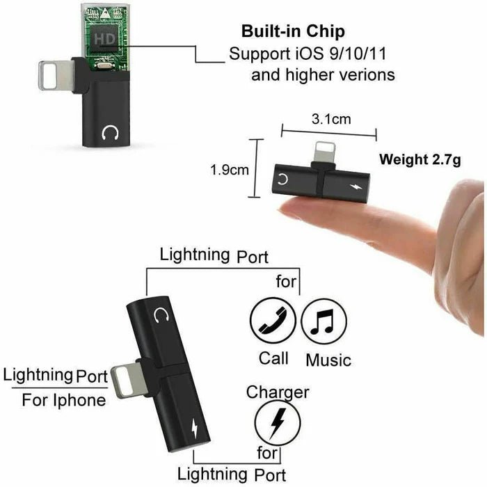 2 - in - 1 Lightning Charging & Audio Splitter Adapter | 8 - Pin Dual Port Adapter for iPhone & iPad - Office Catch