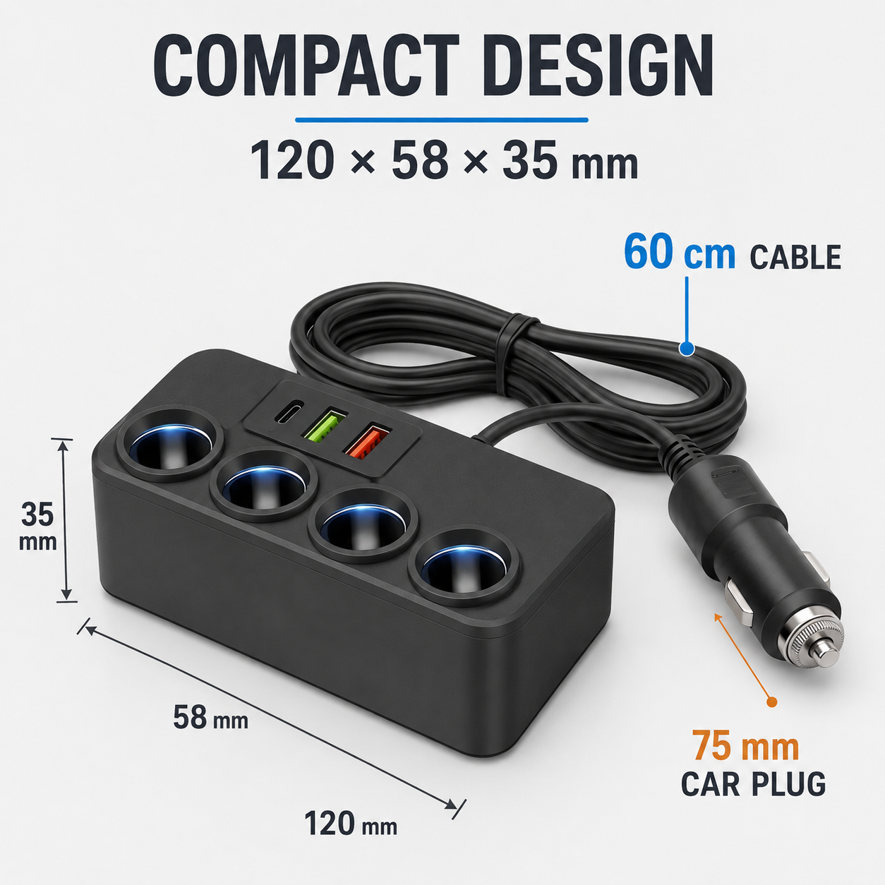 TAVICE 4-Way Car Cigarette Lighter Socket Splitter 12V/24V Power Adapter with USB Charging Ports