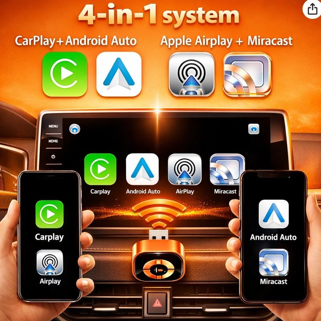 4 in 1 Wireless CarPlay & Android Auto Adapter with Video & WiFi Support | AirPlay & Miracast Screen Mirroring | Fast Connect - Office Catch