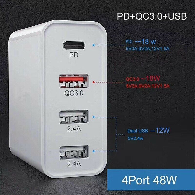 48W 4 Multi - Port Fast PD Quick Charge QC 3.0 USB Type C Hub Wall Charger Adapter - Office Catch
