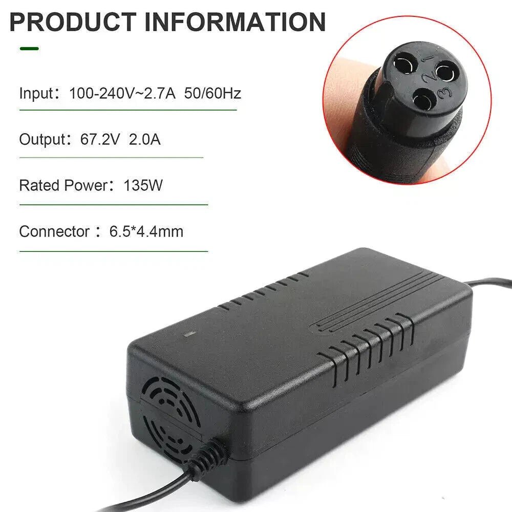 67.2V 2A Lithium Battery Charger for 60V 16S Electric Scooter & eBike – 3 - Pin AU Plug - Office Catch