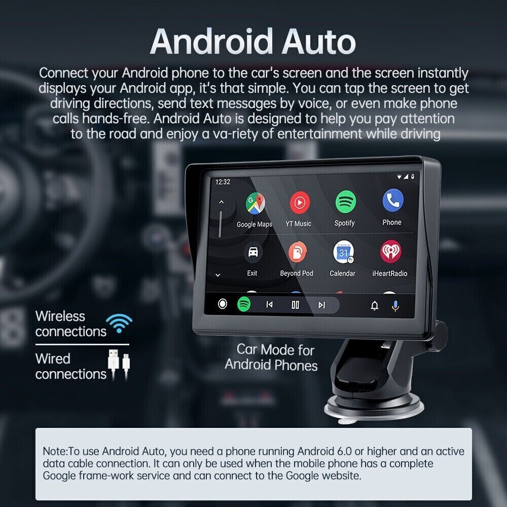 7" Portable Wireless Apple Carplay Android auto Car Stereo Radio Bluetooth Aux - Office Catch
