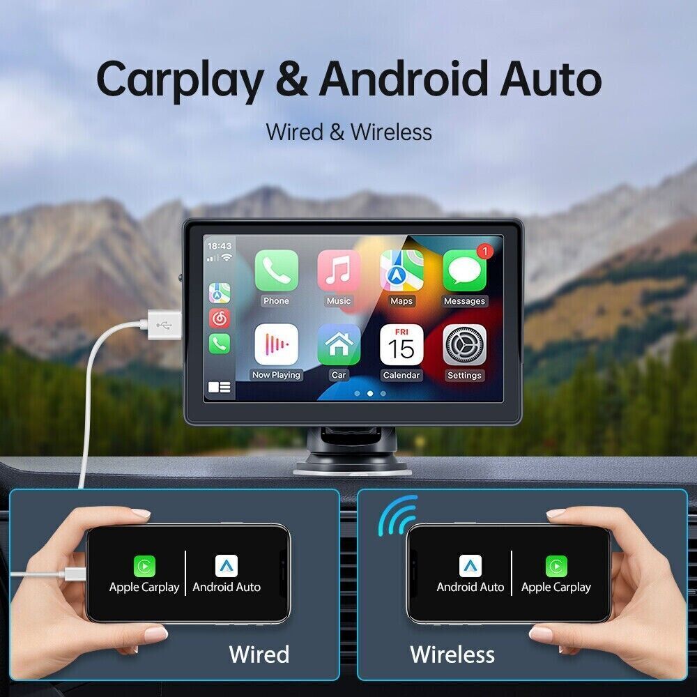 7" Portable Wireless Apple Carplay Android auto Car Stereo Radio Bluetooth Aux - Office Catch