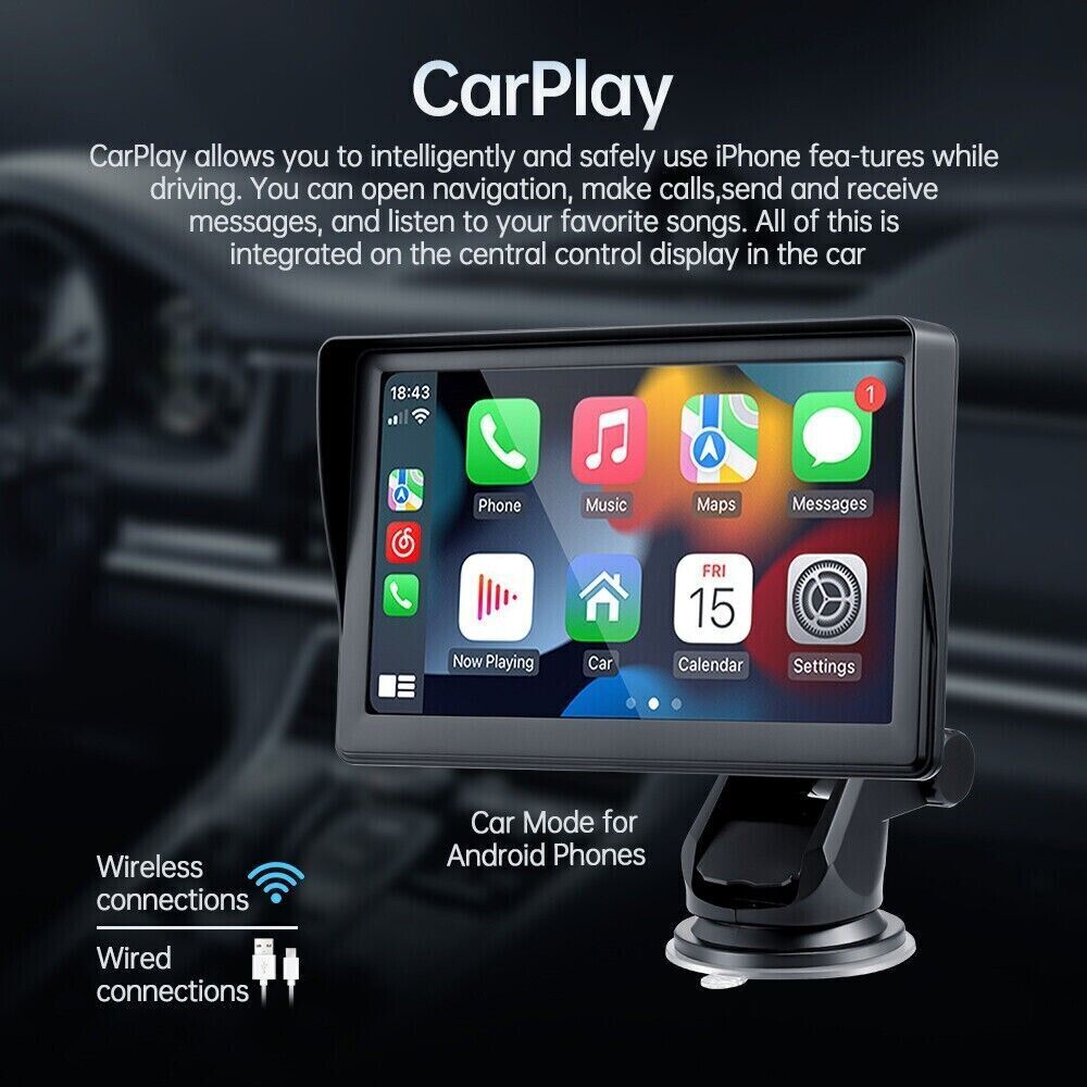 7" Portable Wireless Apple Carplay Android auto Car Stereo Radio Bluetooth Aux - Office Catch