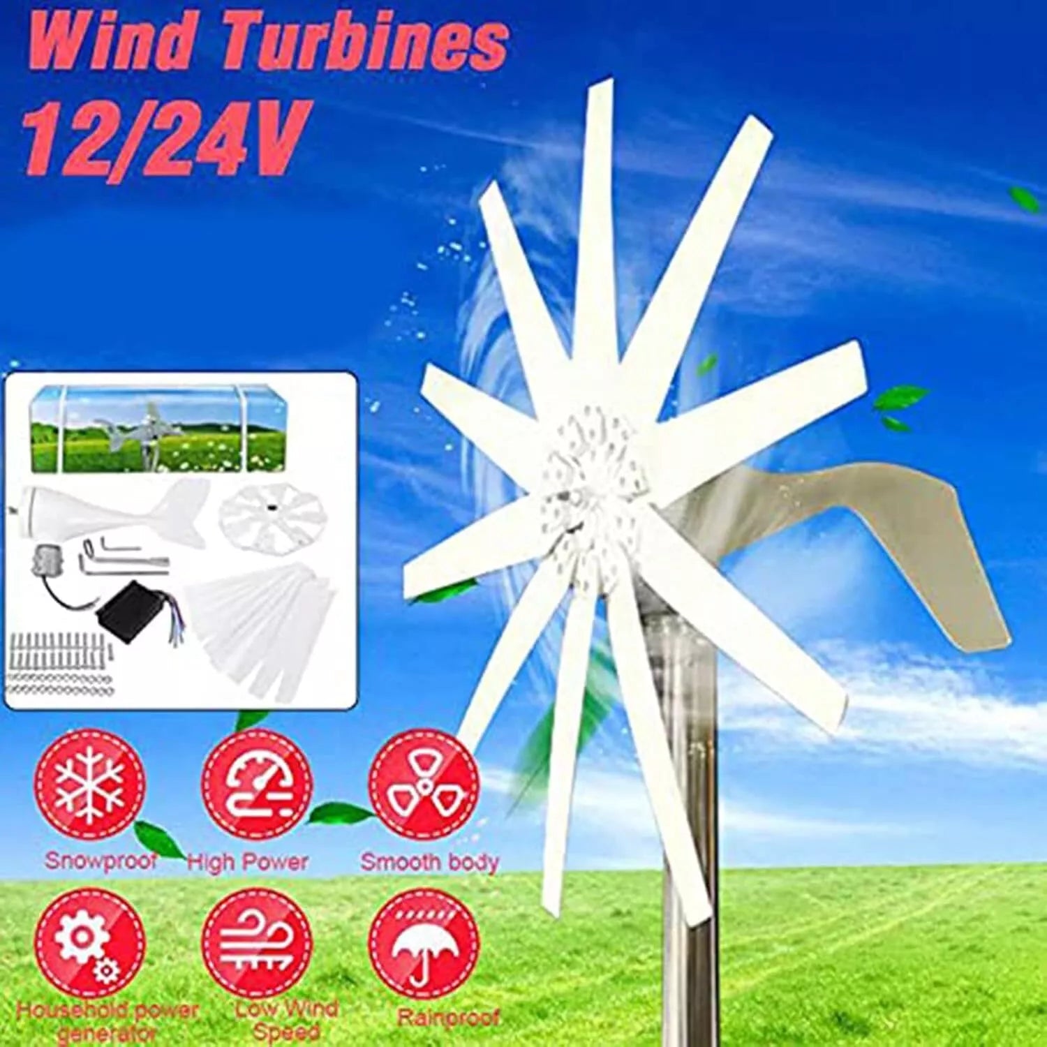 800W 12/24V Windmill Turbines Generator Small 6 Blade Wind Industrial Equipment - Office Catch