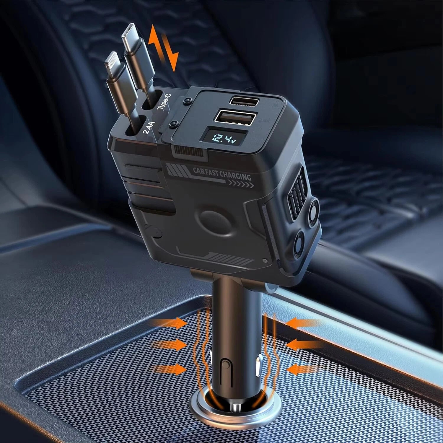 Officecatch car charger with retractable cables in dashboard