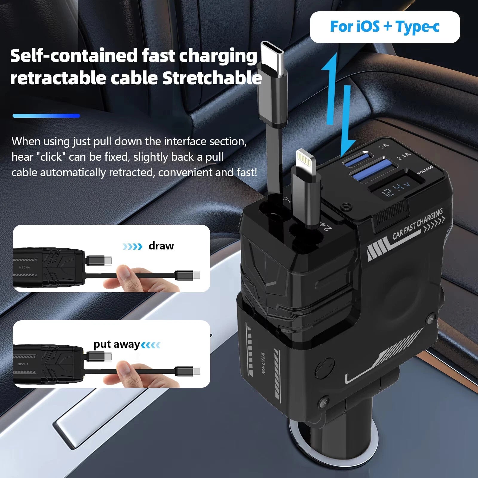 120W Retractable 4-in-1 Car Charger with USB-C, iPhone Cables & Voltage Display – AU Adapter