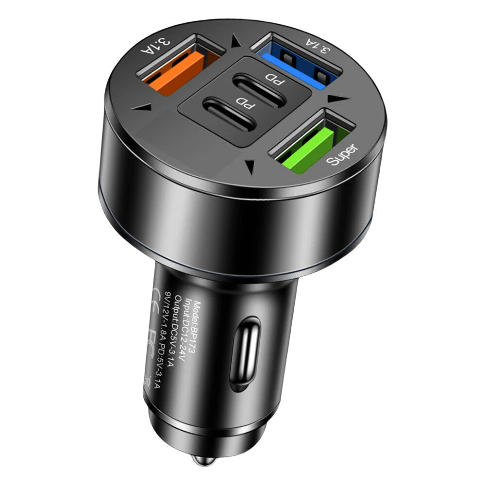 5-Port USB-C car charger in 12V socket