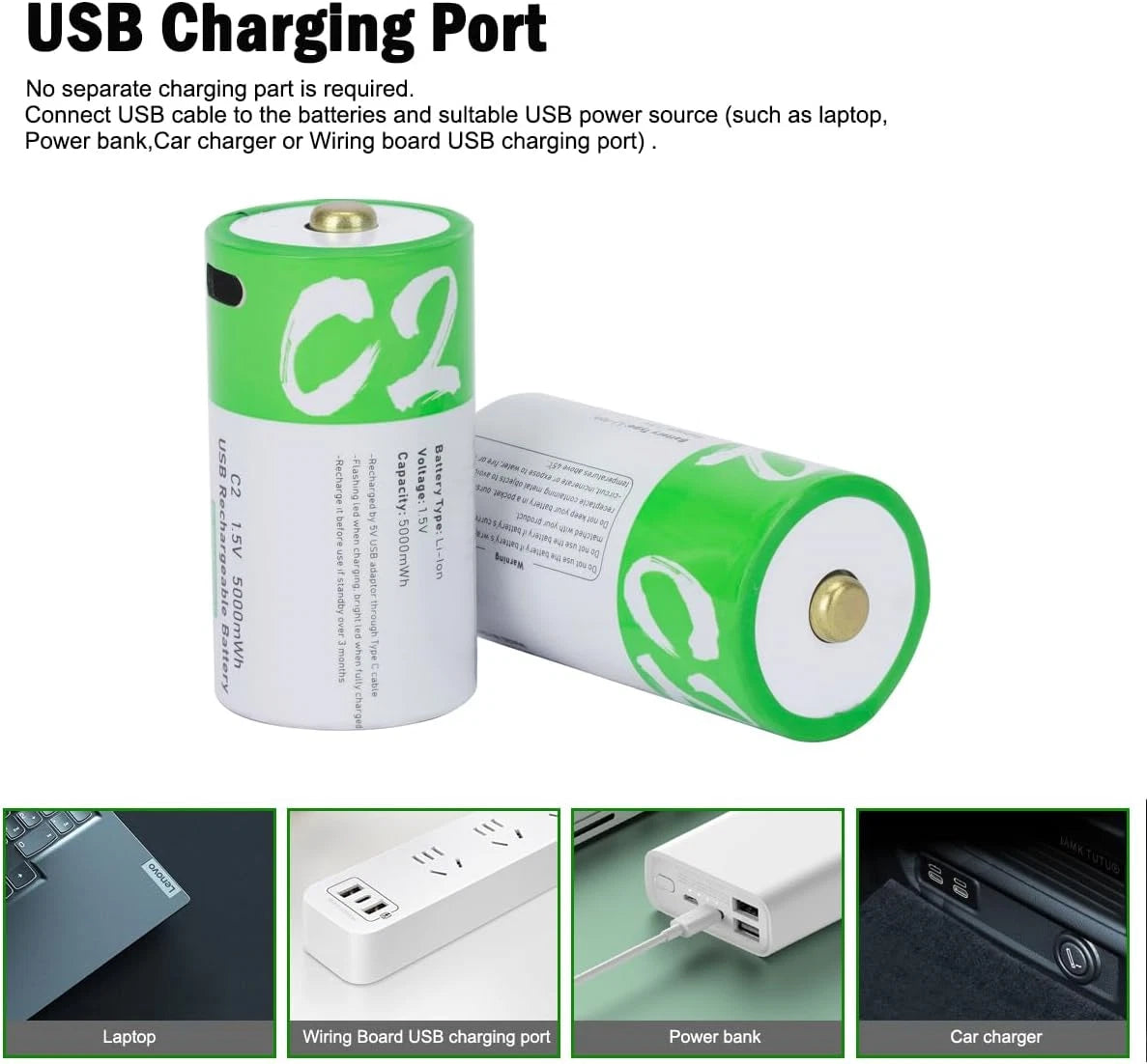 USB C Lithium-Ion Rechargeable C Battery 1.5V 5000mWh – 4 Pack with Fast Type-C Charging, LED Indicators & Constant Output