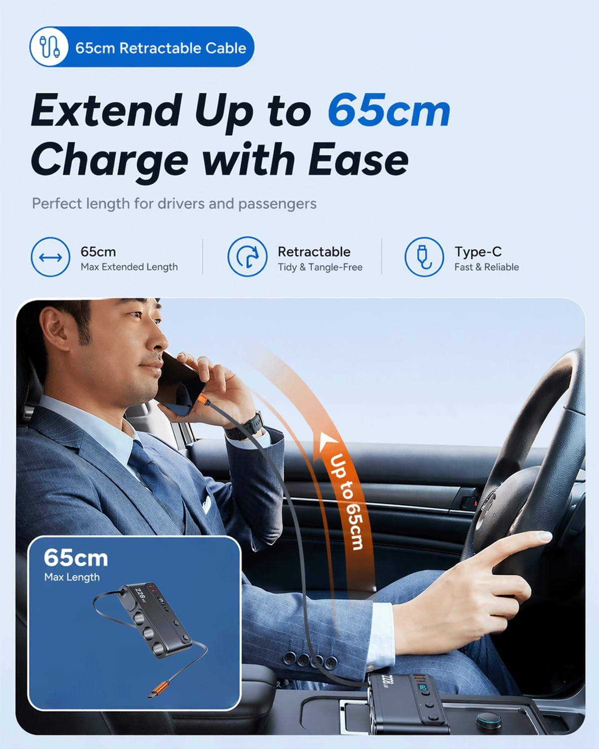 TAVICE 228W Car Cigarette Lighter Splitter with PD45W Retractable USB-C Cable, 3 Sockets Dual QC3.0 USB Car Charger for 12V/24V Vehicles - Office Catch