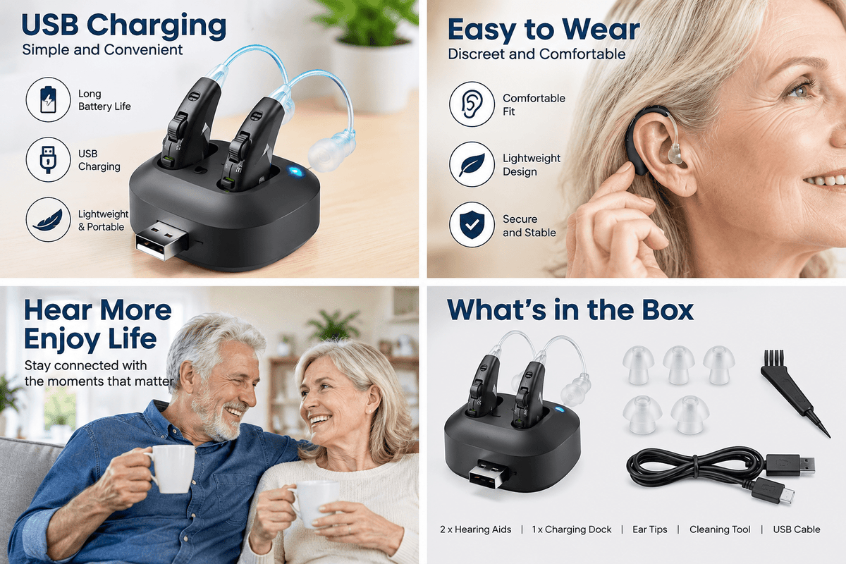 Tavice Rechargeable Dual Behind-the-Ear Sound Amplifier with Noise Reduction, USB Charging, Long Battery Life - Office Catch