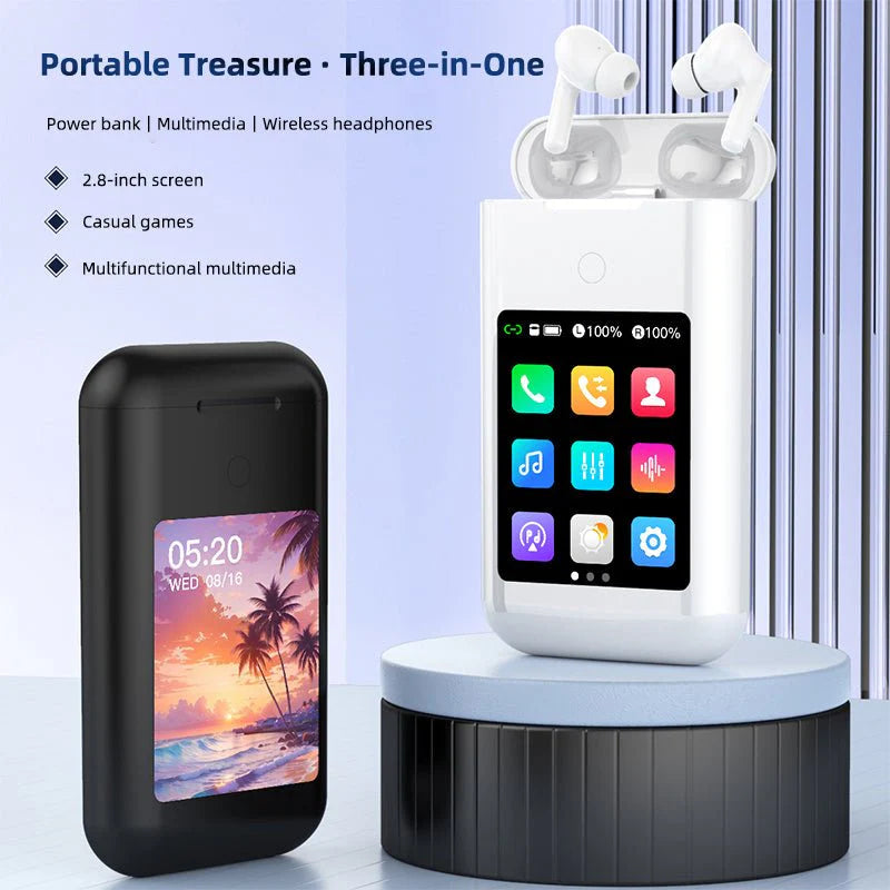 Tavice Uniqa High Capacity Power Bank with Built-in Wireless Earbuds, Flashlight & 2.8" Touch Screen