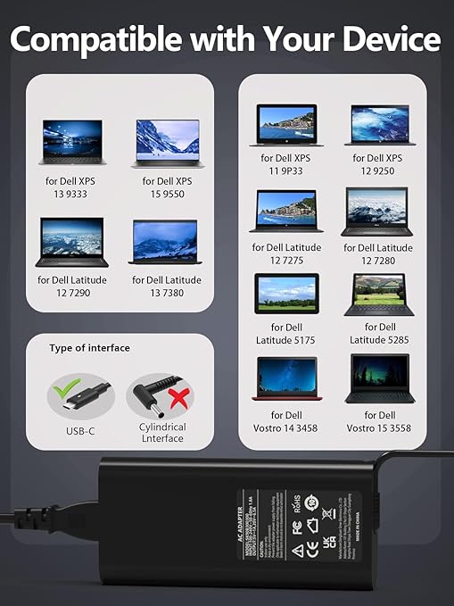 130W USB Type C Power Adapter, 20V 6.5A USB C Charger, Compatible with Dell Precision 5530 2 in 1,Dell XPS 15 2 en 1 9575,DA130PM170 HA130PM170 0K00F5 K00F5 0M0H25 M0H25 T4V18 Laptop Charger - Office Catch