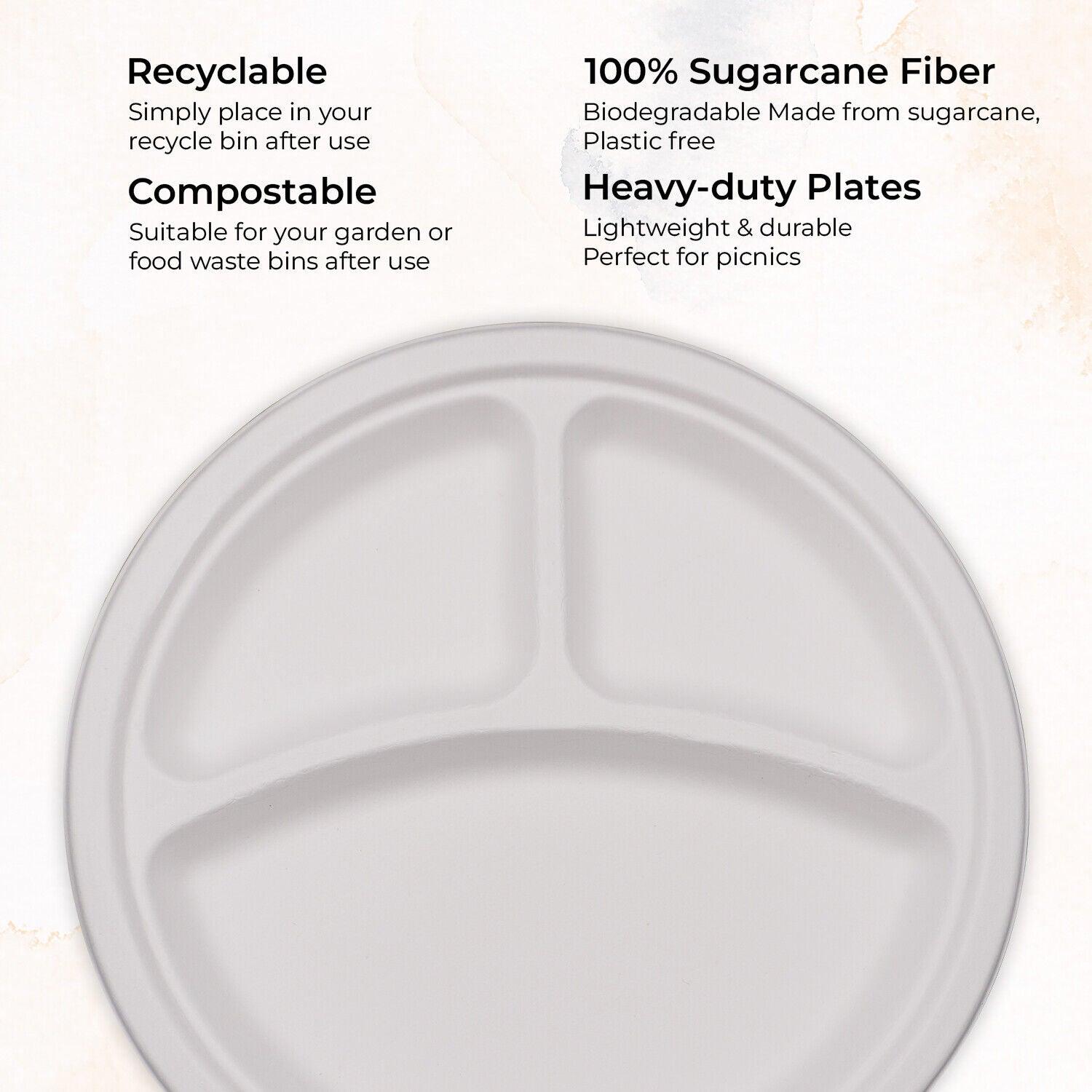 500 Pack | Strong Disposable Bagasse Plates White Round 3 Compartment Plate Party Catering - Office Catch
