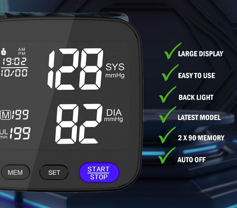 Digital Wrist Blood Pressure Monitor BP Machine Large cuff Wireless Black Memory - Office Catch