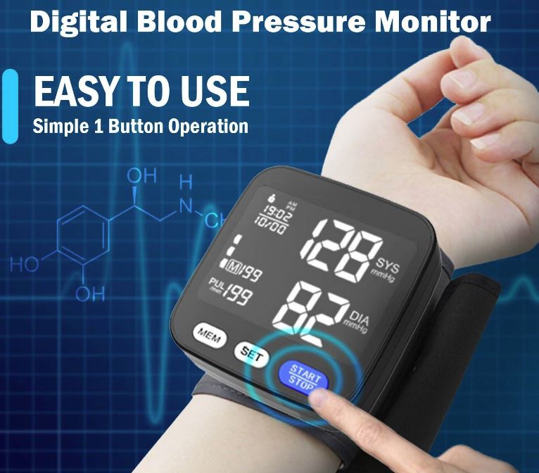 Digital Wrist Blood Pressure Monitor BP Machine Large cuff Wireless Black Memory - Office Catch