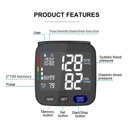 Digital Wrist Blood Pressure Monitor BP Machine Large cuff Wireless Black Memory - Office Catch