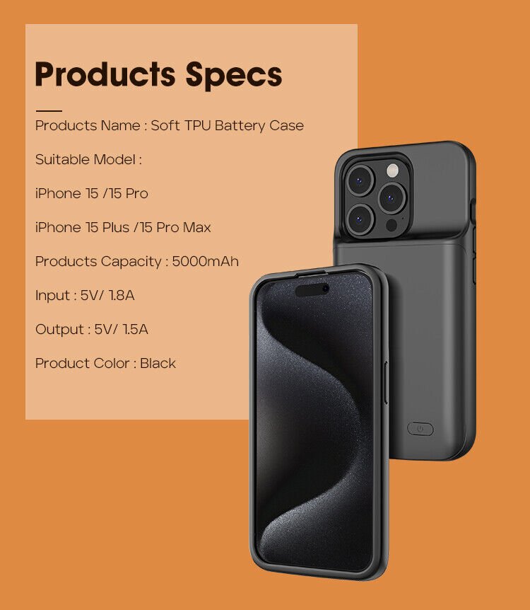 for iPhone 15 Pro Power Bank 5000mAh Battery Charger Case Charging Cover - Office Catch