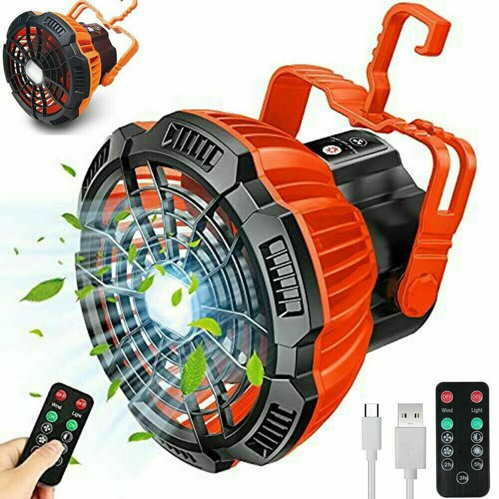 Portable Camping Fan LED Light Rechargeable Outdoor Tent Lantern w/ Hook Remote - Office Catch