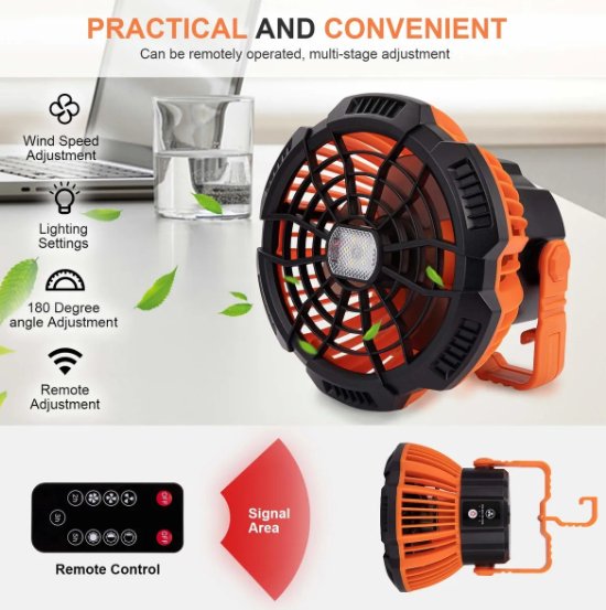 Portable Camping Fan with LED Light Remote Control Desk Fan Camping Accessories 5200mAh USB Rechargeable Battery LED Tent Lantern with Hanging Hook - Office Catch