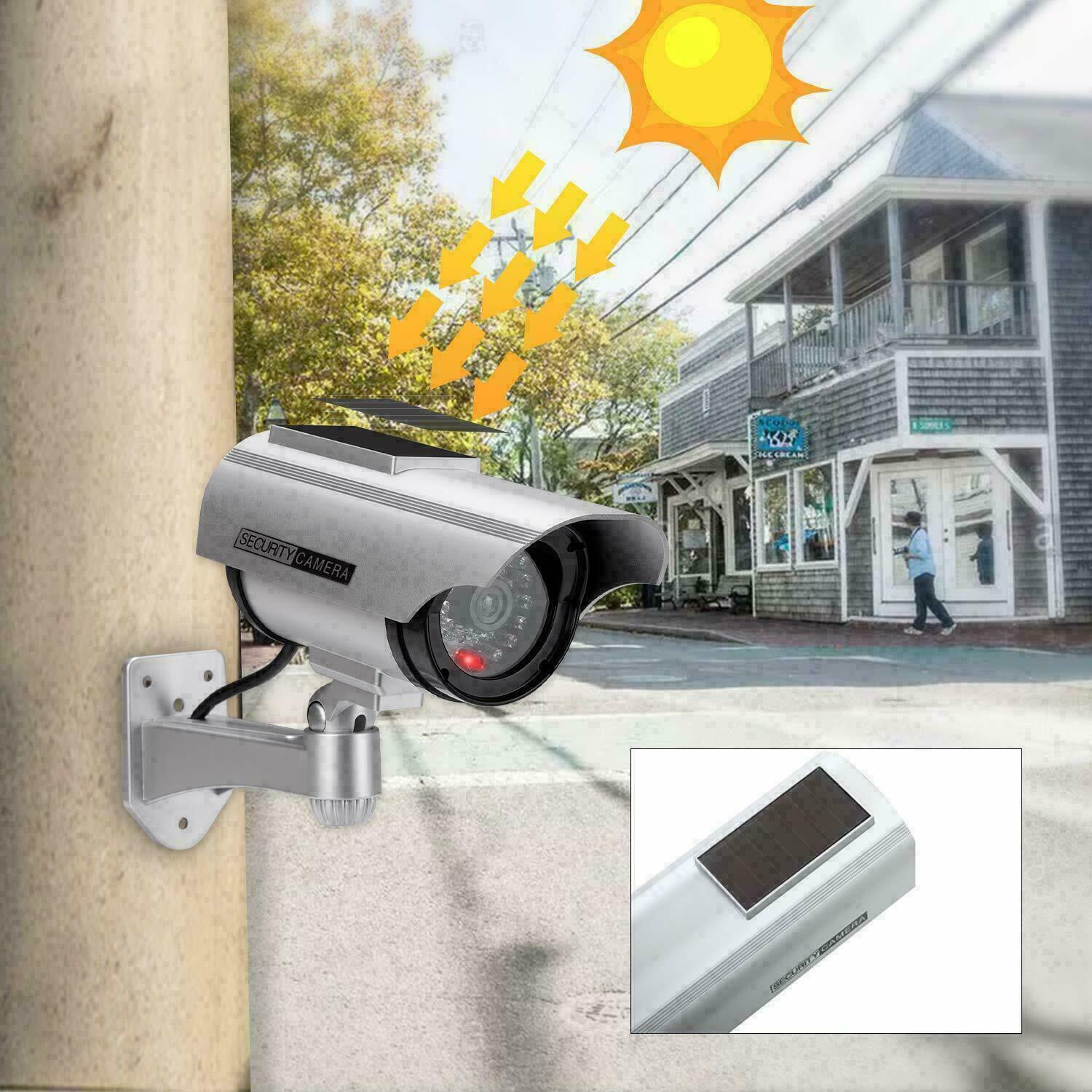 Solar Powered Dummy Security Camera, Bullet Fake Surveillance System with Realistic Red Flashing Lights and Warning Sticker Indoor Outdoor - Office Catch