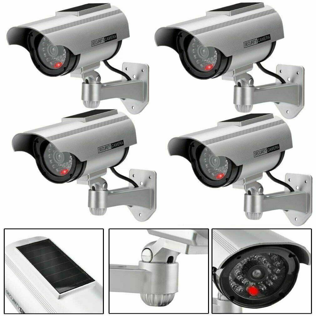 Solar Powered Dummy Security Camera, Bullet Fake Surveillance System with Realistic Red Flashing Lights and Warning Sticker Indoor Outdoor - Office Catch
