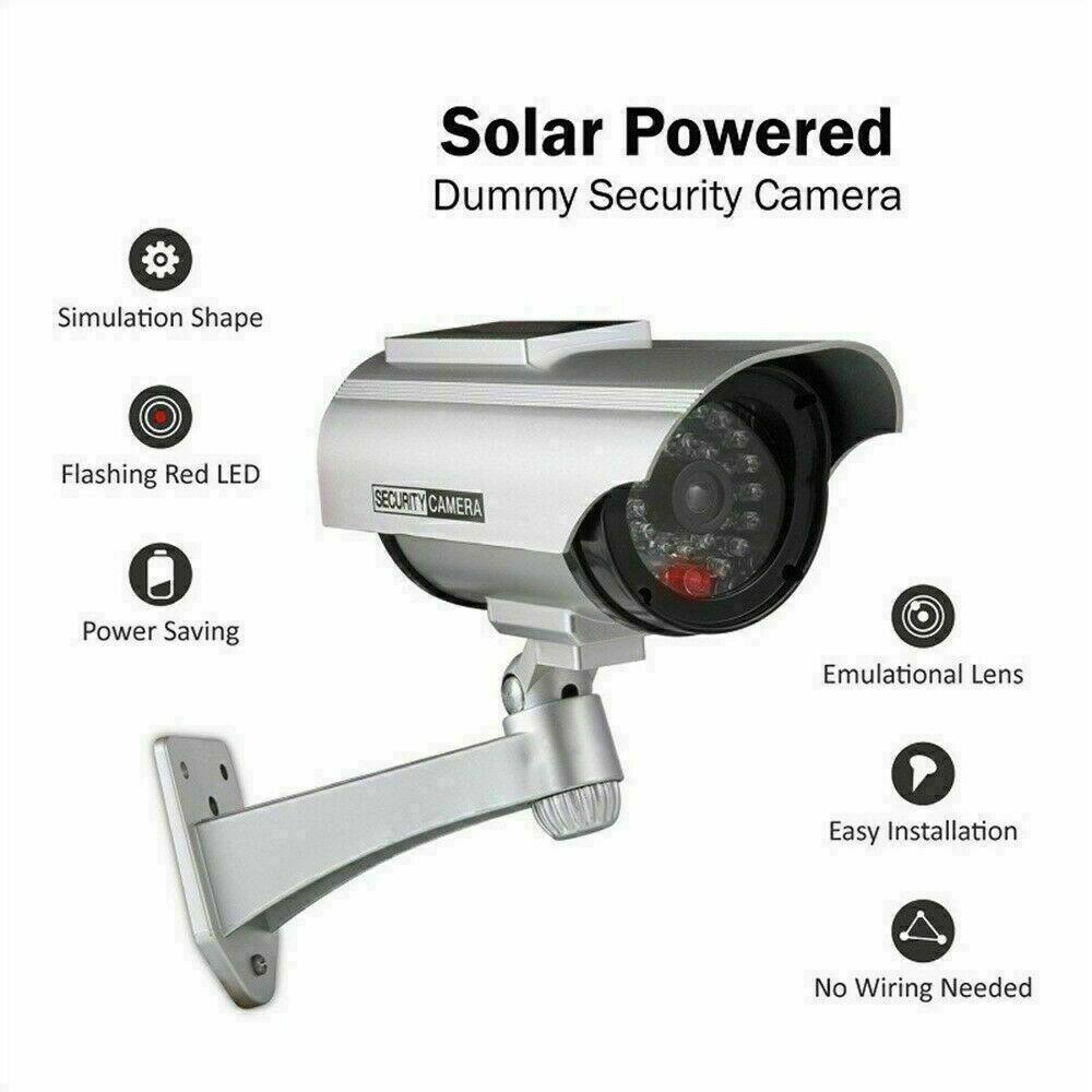 Solar Powered Dummy Security Camera, Bullet Fake Surveillance System with Realistic Red Flashing Lights and Warning Sticker Indoor Outdoor - Office Catch