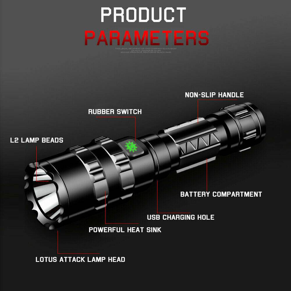 USB Rechargeable Tactical Flashlight | 180000LM L2 - Office Catch