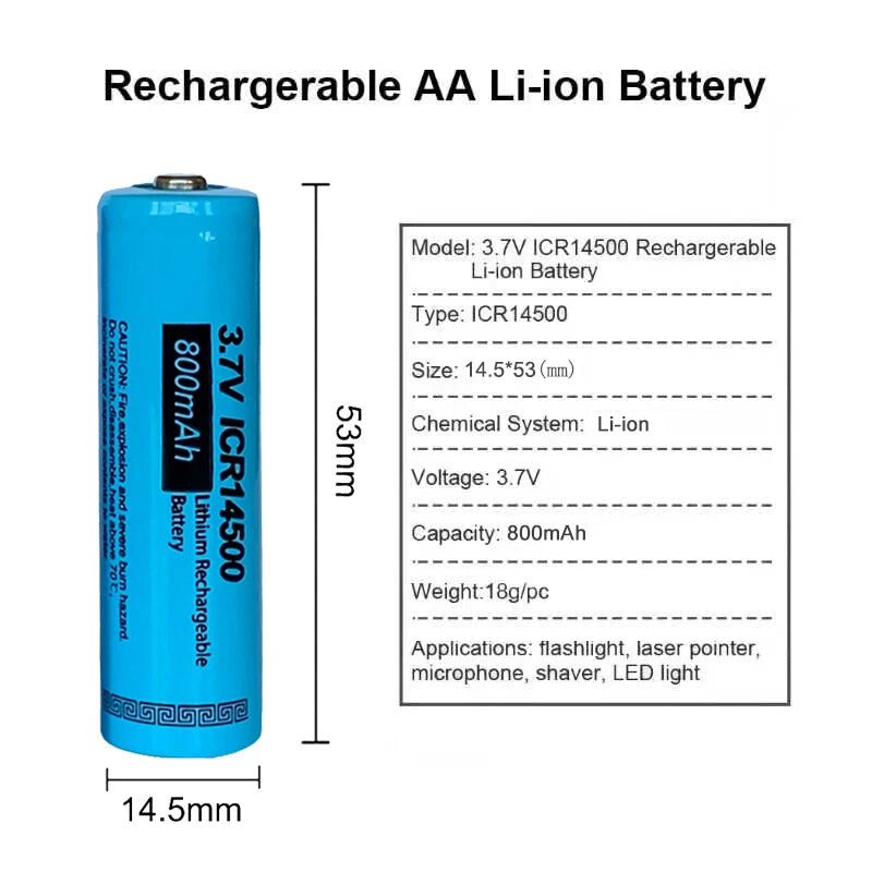 [1 Pack] 14500 3.7V 800mAh AA Li - ion Button Top Batteries | Rechargeable Cells for Flashlights, Headlamps & Torch Lights (Copy) (Copy) - Office Catch