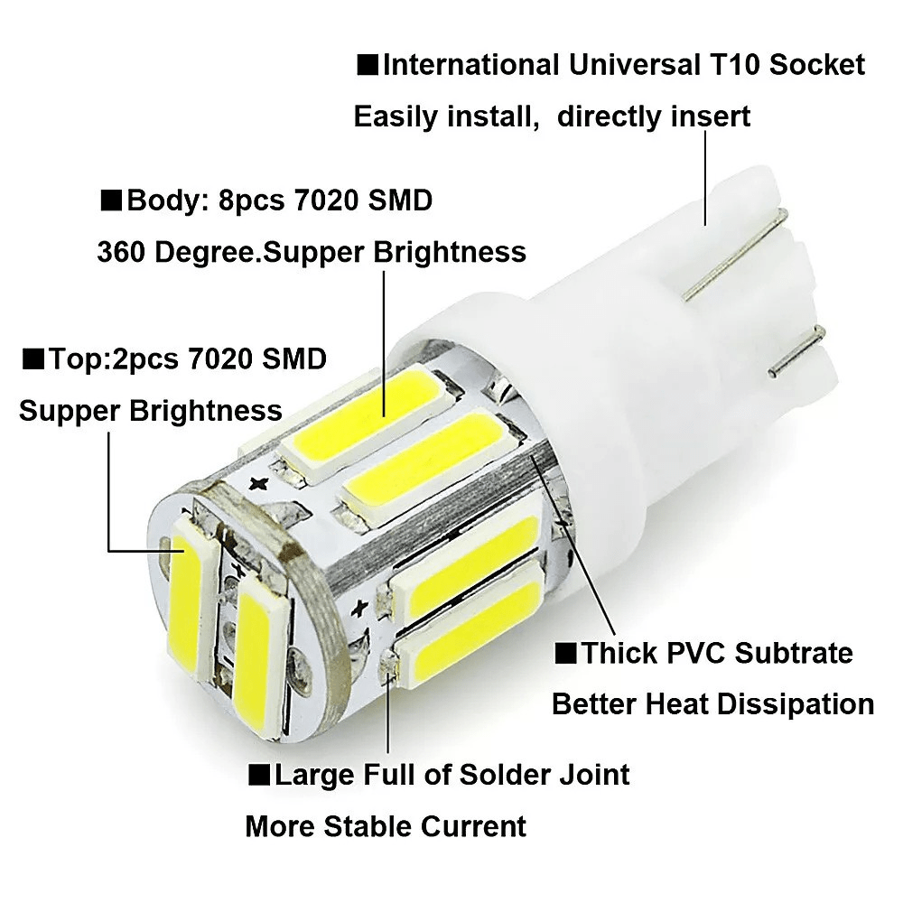 10 Pack T10 W5W 7020 SMD LED Car Bulbs – White Interior & License Plate Lights 12V–24V - Office Catch