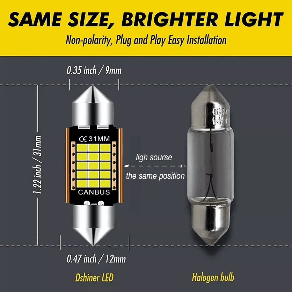 10x 31mm White Festoon LED Car Bulbs – Interior Dome, Map, Plate Lights (15 SMD) - Office Catch