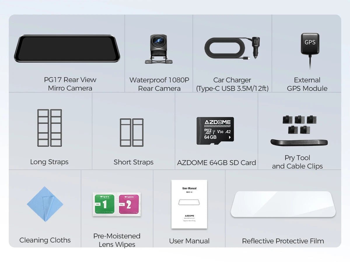 12" 4K Mirror Dash Cam with Rear Camera + GPS + WiFi + 64GB Card – Front & Rear Recording System - Office Catch