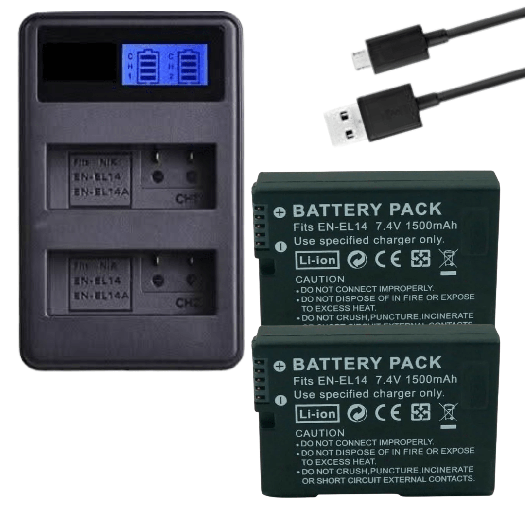2x EN - EL14 Batteries + Dual USB Charger for Nikon D3100, D3200, D3300, D5100, P7000, P7100 – 1500mAh Replacement Kit - Office Catch