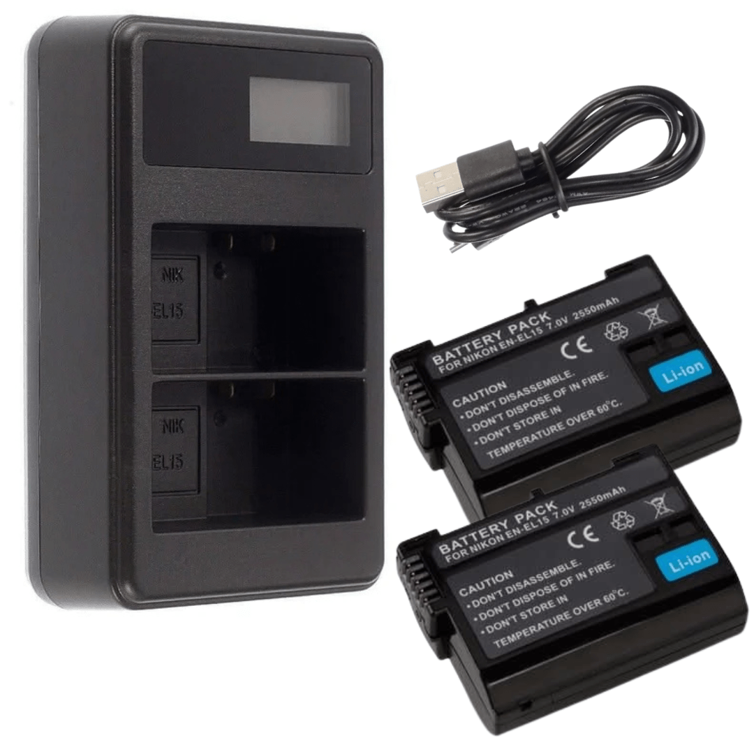 2x EN - EL15 Batteries + LCD Dual USB Charger for Nikon D7000, D7100, D7200, D750, D800, D810, D600, D610 - Office Catch