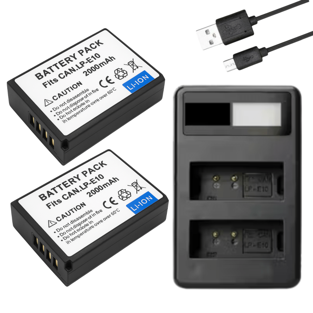2x LP - E10 Batteries + LCD Dual Charger for Canon EOS 1500D, 1300D, 1200D, 1100D, Kiss X50, 3000D – Replacement Camera Power Pack - Office Catch