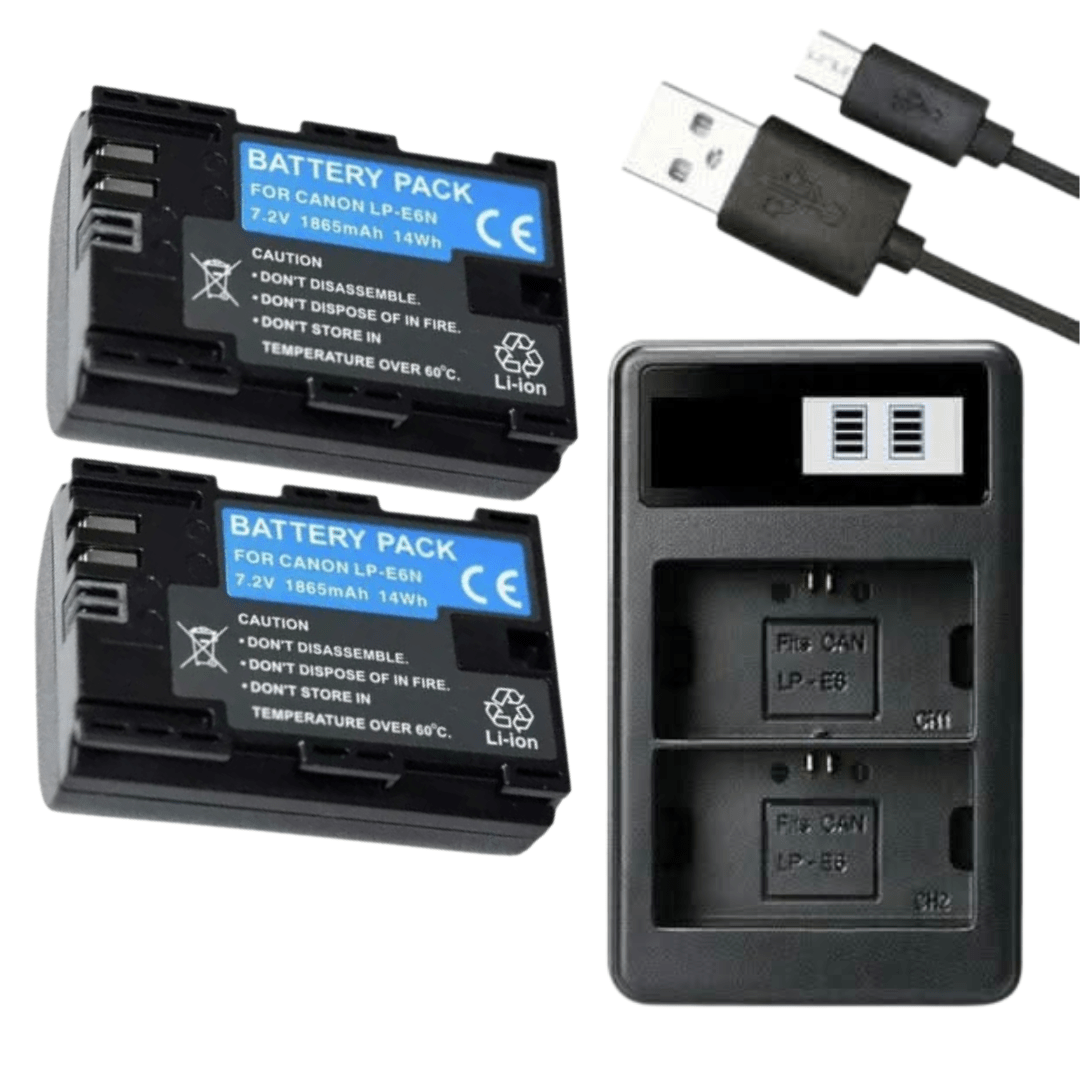 2x LP - E6 Batteries + Dual USB Charger for Canon EOS 5D Mark III II, 6D, 7D, 80D, 70D, 60D – Replacement Camera Power Pack - Office Catch