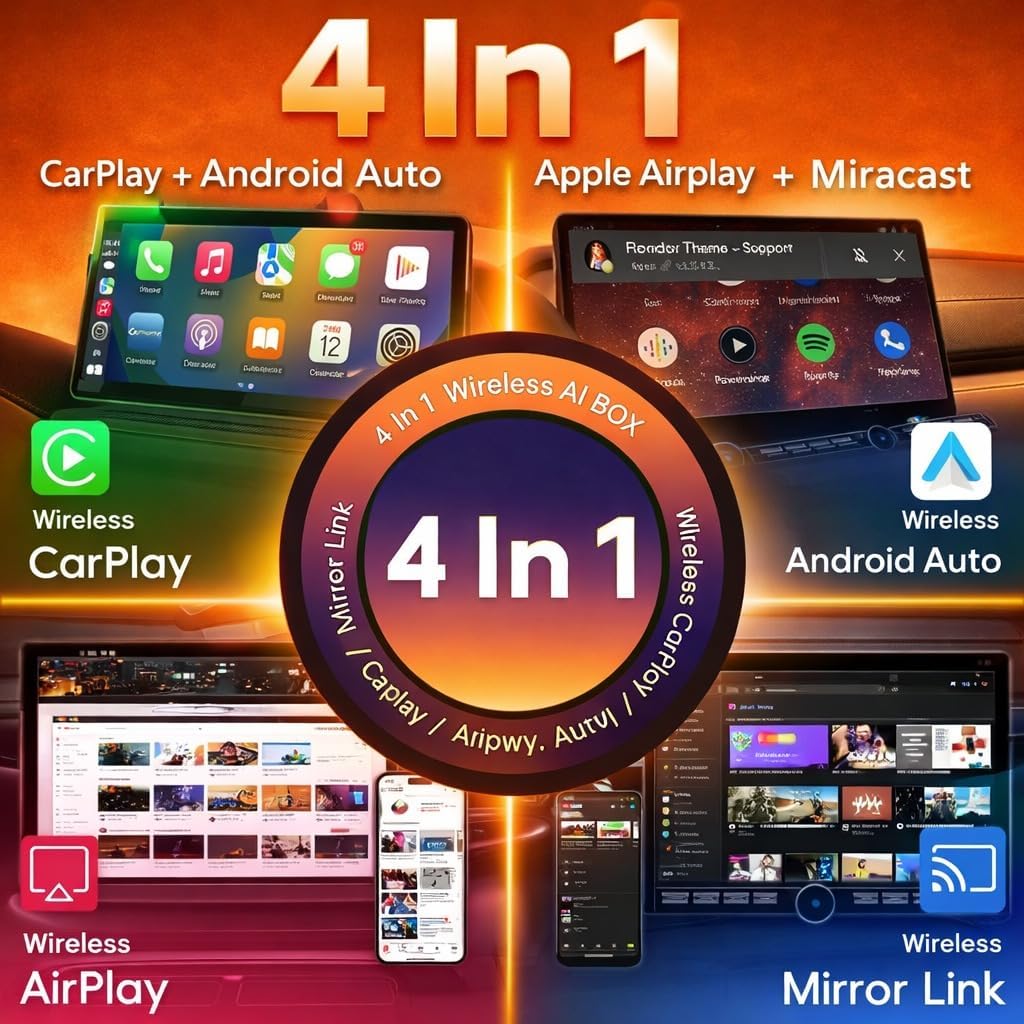 4 in 1 Wireless CarPlay & Android Auto Adapter with Video & WiFi Support | AirPlay & Miracast Screen Mirroring | Fast Connect - Office Catch