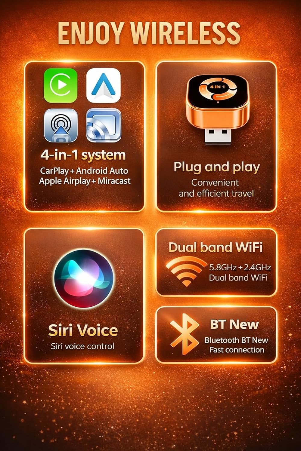 4 in 1 Wireless CarPlay & Android Auto Adapter with Video & WiFi Support | AirPlay & Miracast Screen Mirroring | Fast Connect - Office Catch