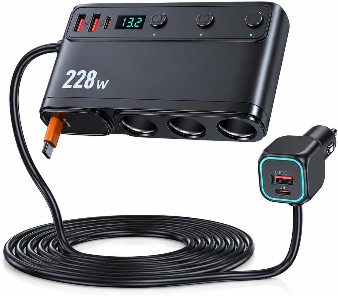 TAVICE 228W Car Cigarette Lighter Splitter with PD45W Retractable USB-C Cable, 3 Sockets Dual QC3.0 USB Car Charger for 12V/24V Vehicles