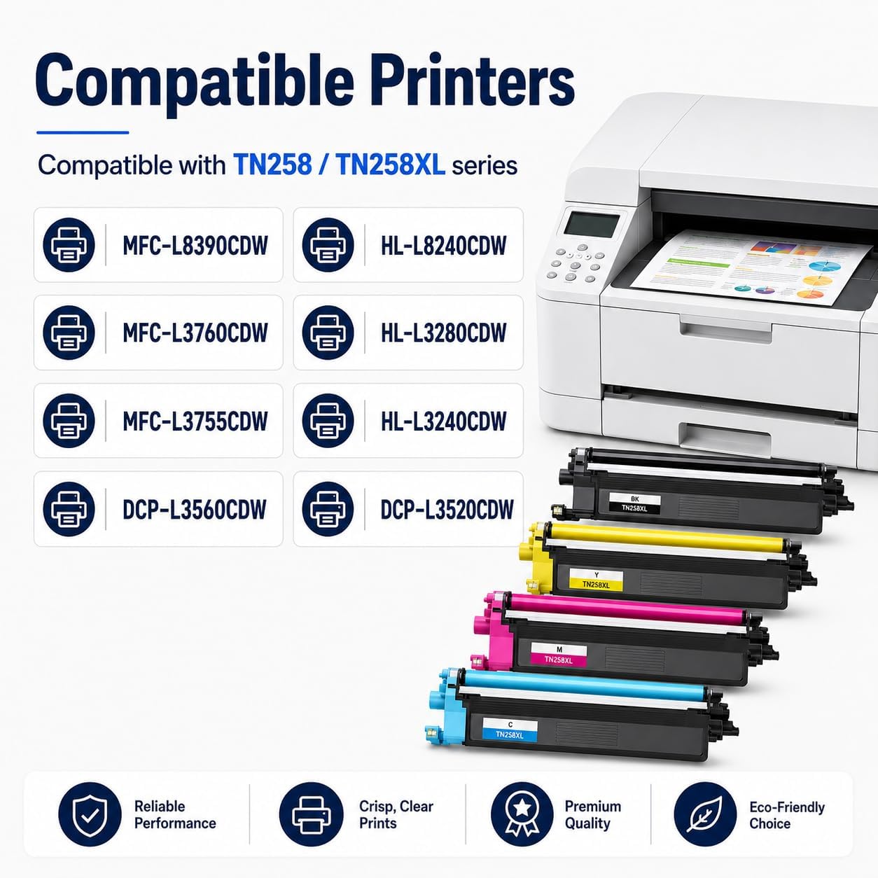 TAVICE TN258/TN258XL 4-Pack Toner Cartridge Compatible with Brother MFC-L8390CDW/L3760CDW