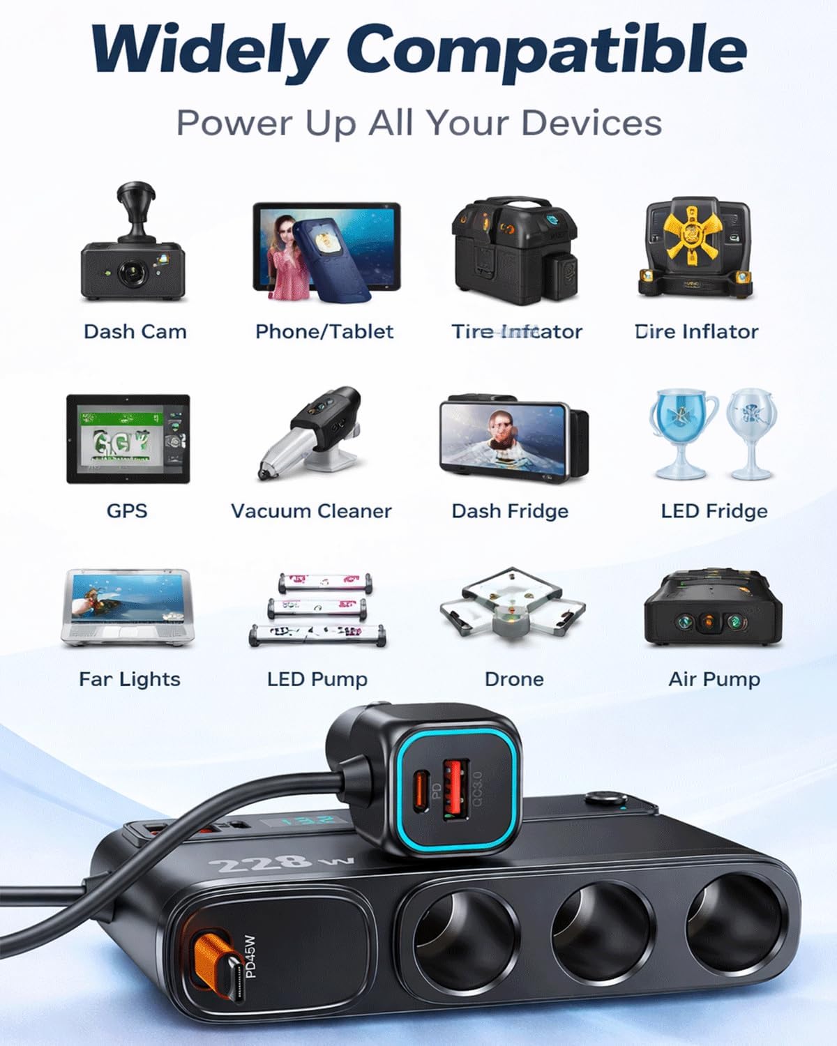 TAVICE 228W Car Cigarette Lighter Splitter with PD45W Retractable USB-C Cable, 3 Sockets Dual QC3.0 USB Car Charger for 12V/24V Vehicles