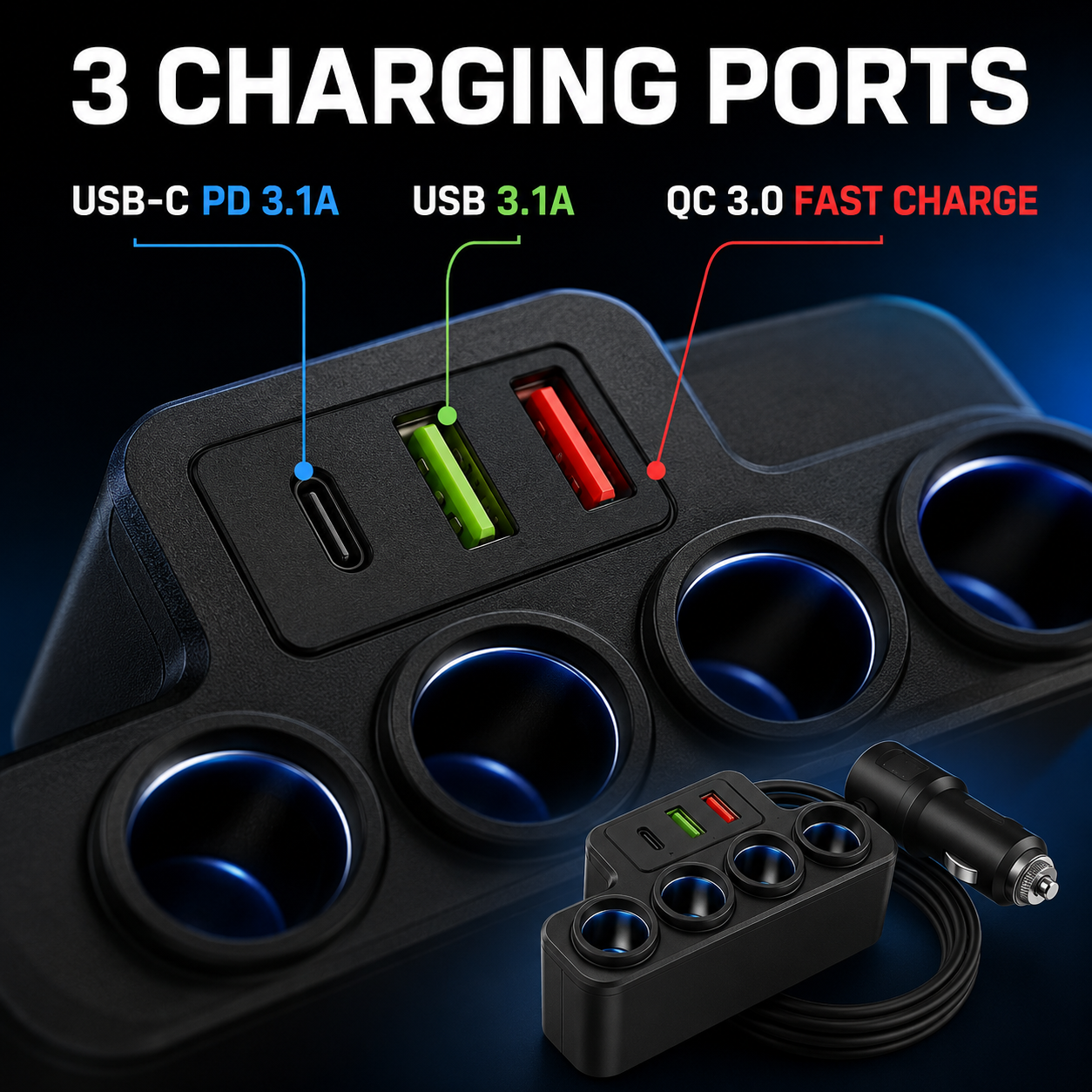 TAVICE 4-Way Car Cigarette Lighter Socket Splitter 12V/24V Power Adapter with USB Charging Ports