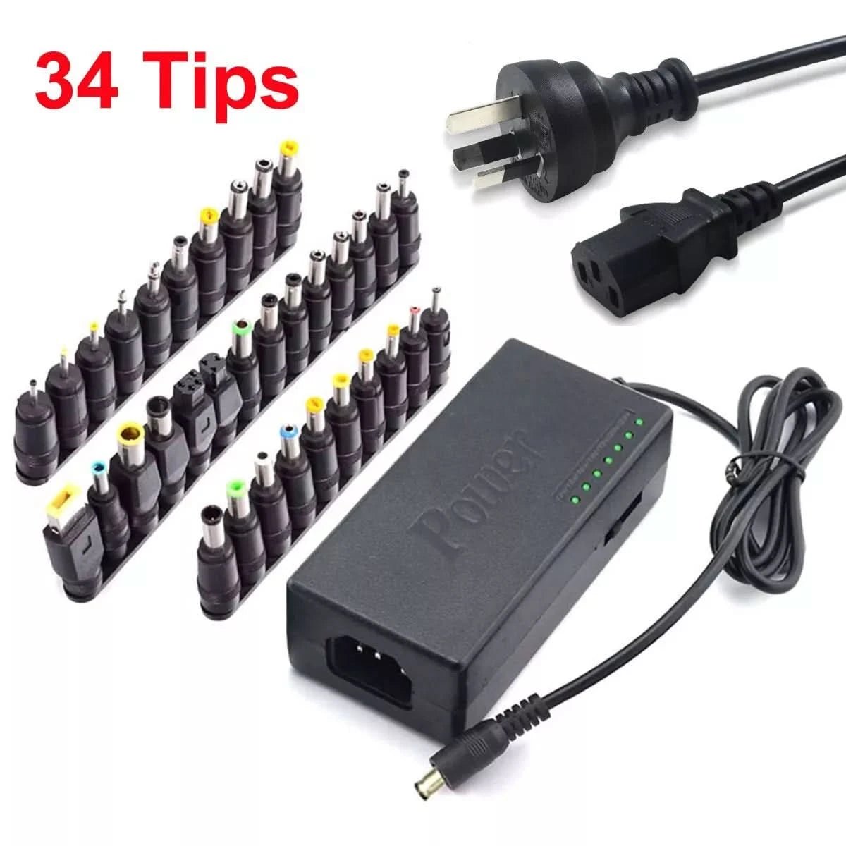 96W Universal Laptop Charger with 34 Interchangeable Tips – Multi Brand Notebook Power Supply (AU Plug) - Office Catch