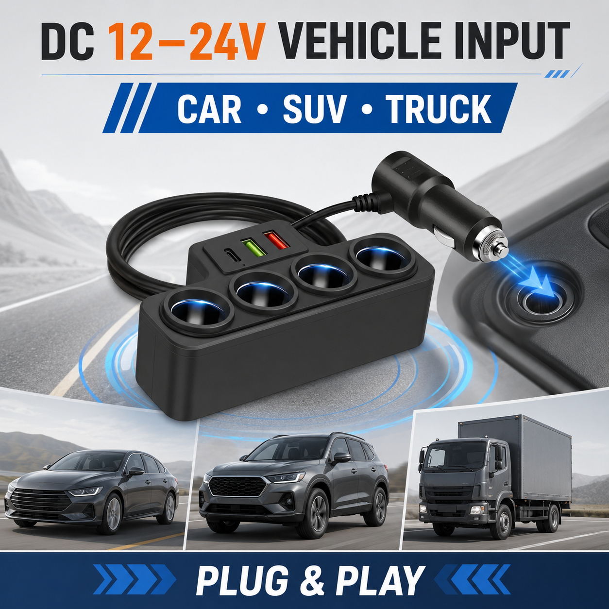 TAVICE 4-Way Car Cigarette Lighter Socket Splitter 12V/24V Power Adapter with USB Charging Ports