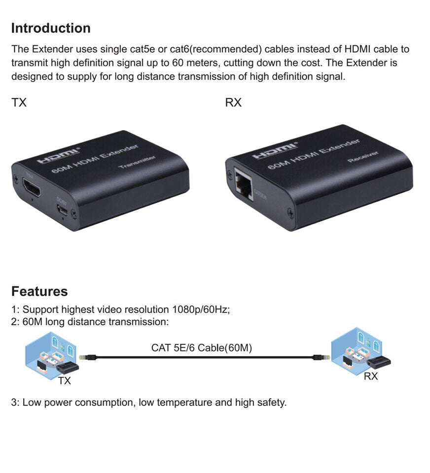 HDMI Extender over RJ45 cat6/cat5e Cable up to 60M 165ft Full HD 1080P HDTV PS4 - Office Catch