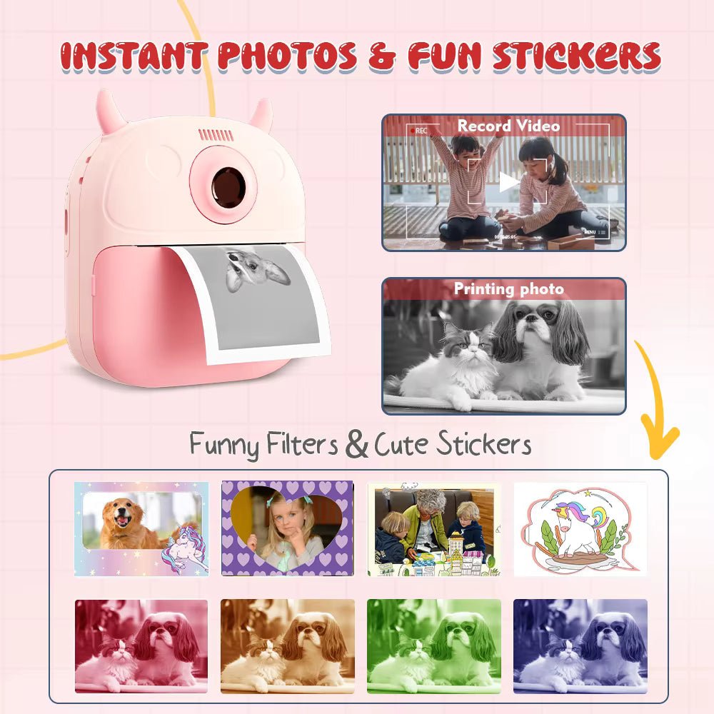 Kids Digital Camera High Quality Cute Instant Print | CMOS Imaging Sensor Filter Function | Pink - Office Catch