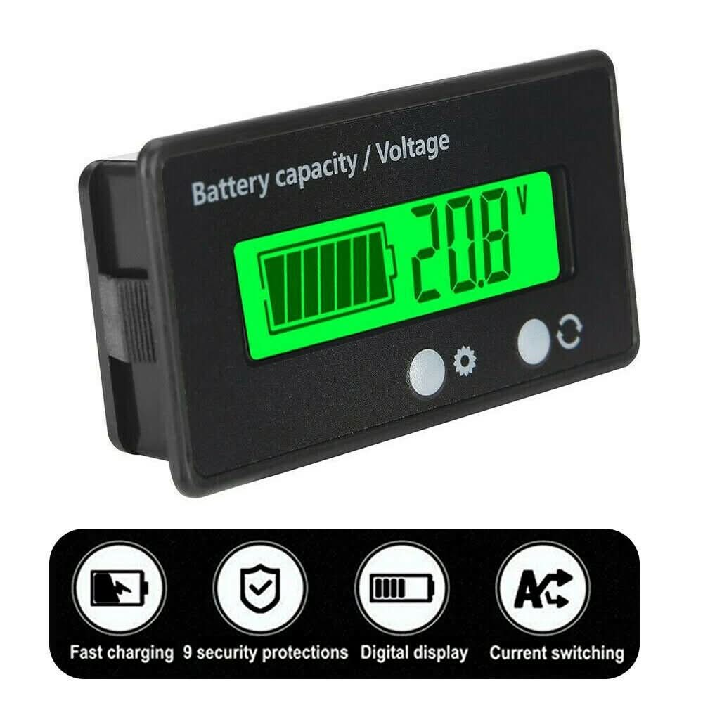 Digital Battery Capacity & Voltage Tester | LCD Battery Level Indicator for 12V 24V 36V 48V Lithium & Lead Acid Batteries
