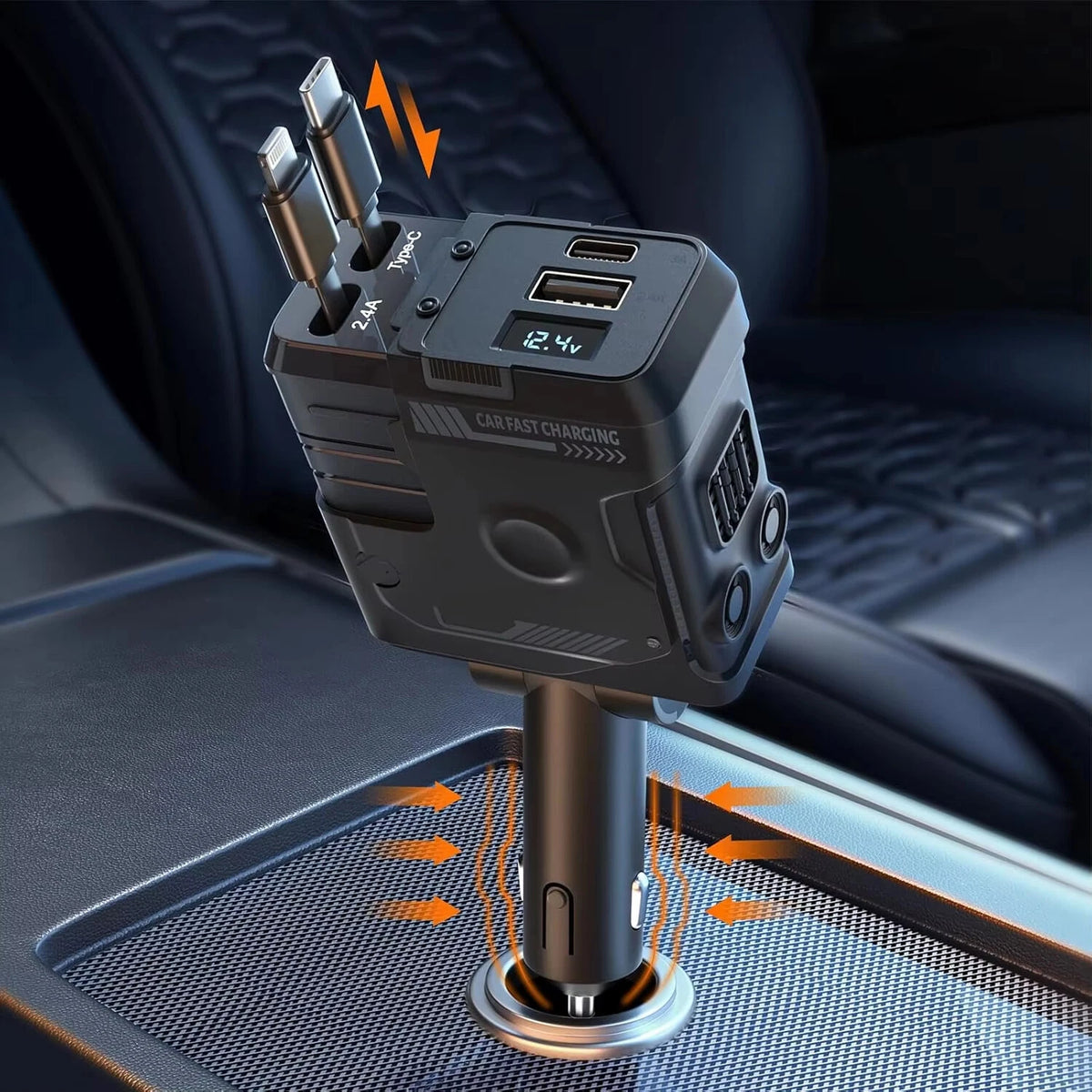 Officecatch car charger with retractable cables in dashboard