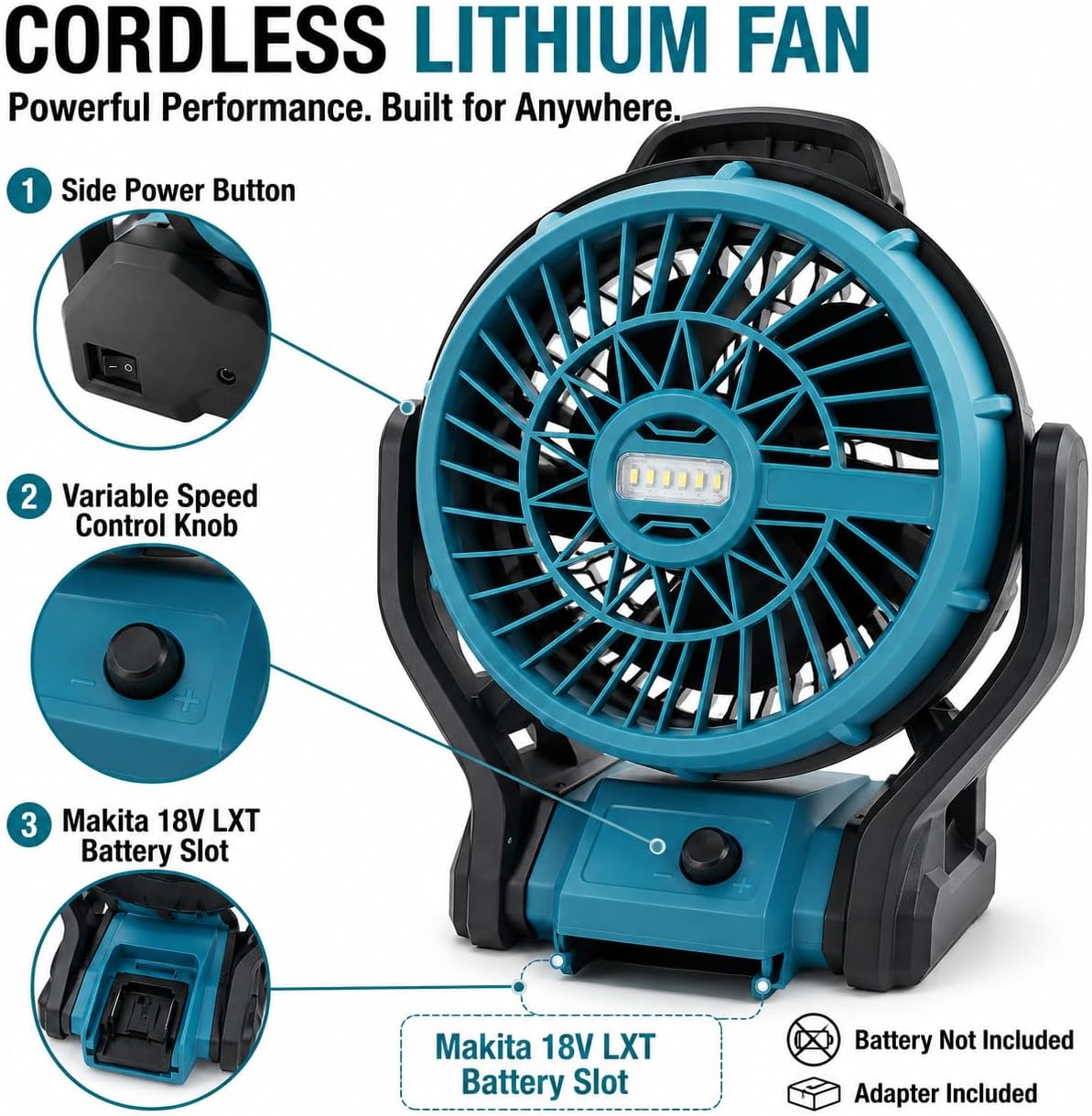 TAVICE 10 Inch Cordless Fan Compatible with Makita 18V LXT Batteries, Portable Jobsite Fan with LED Light, Adjustable Speed, Battery - Office Catch